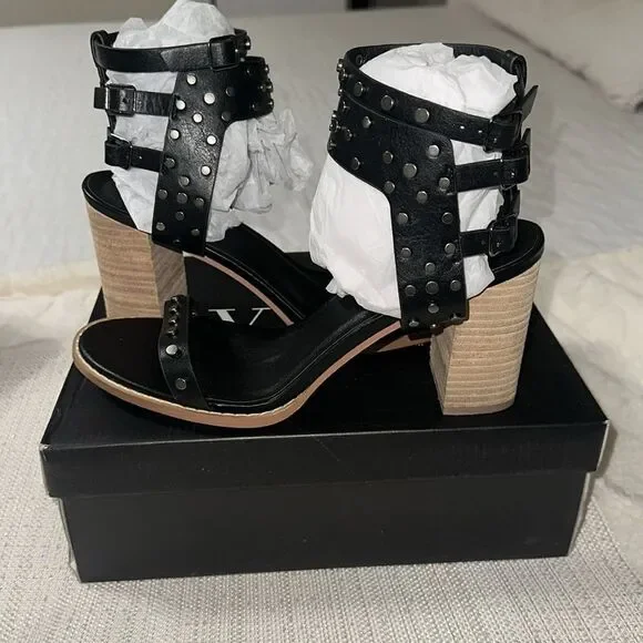 VICI 10 Celeste Black Metallic Studded Block Heel Strappy Multi Buckle Sandal - Picture 3 of 13